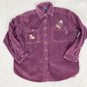 Pooh Shirt Womens Large Purple Corduroy Button Front Tigger Disney Embroidered